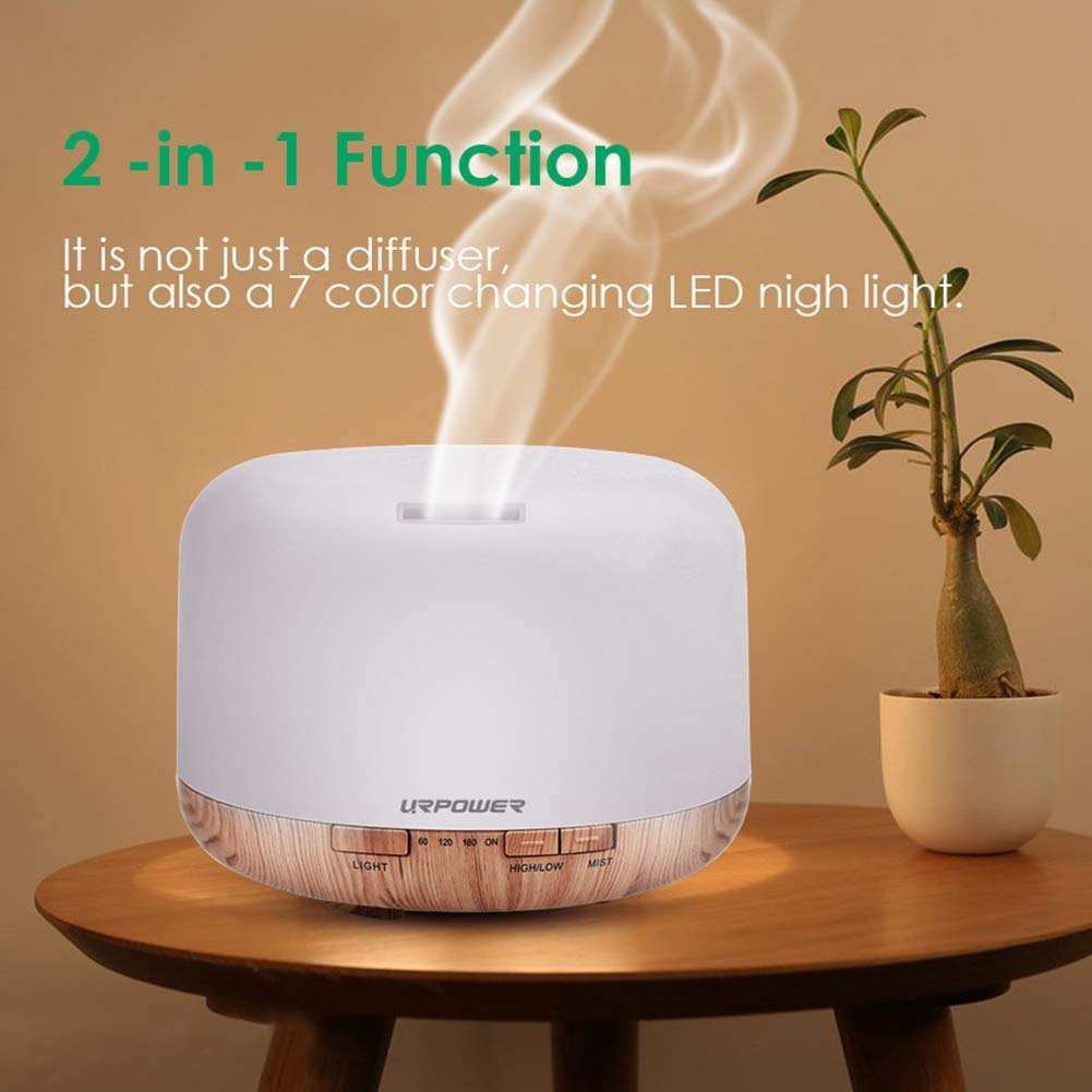 URPOWER 500ml Aromatherapy Essential Oil Diffuser Humidifier Room Decor Lighting with 4 Timer Settings, 7 LED Color Changing Lamp and Waterless Auto Shut-Off