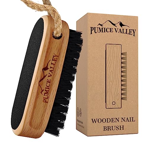 Wooden Cleaning Finger Nail Brush with Nylon Charcoal Bristles & Hanging Rope - Emery Surface & Fingernail Brush for Scrubbing Fingernails and Toes (Beechwood)