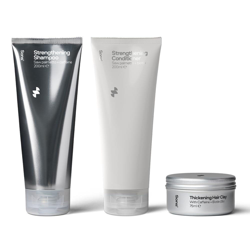 Sons Hair Strengthening Treatment Plan. Hair Growth Shampoo & Conditioner Plus Hair Styling Clay. DHT-Blocker, Hair Thickening and Anti-Dandruff with Caffeine. 1 Month Supply. Made in Europe.