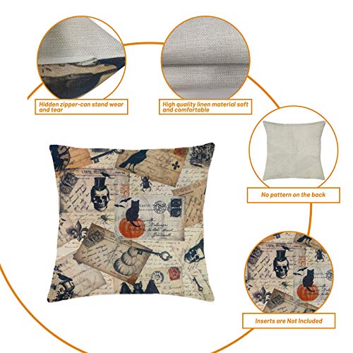 Motiloo 4 Pieces 18x18 Inch Pillow Covers Halloween Decoeative Pillow Covers Square Soft Cotton Linen, Home Decor Cushion Covers Crow Pumpkin Skull Owl Throw Pillowcases for Sofa Bed