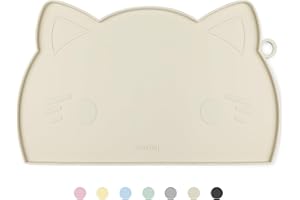 Coomazy Cute Kitty Puppy Face Silicone Cat Dog Feeding Mat for Food Bowls and Water Drinking Fountain Tray (Beige, Medium KittyFace)