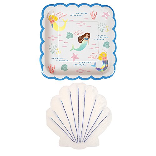 Meri Meri Let's Be Mermaids Party Collection Plates and Napkins Party Pack (Mermaid Large Plate/Shell Small Napkin)