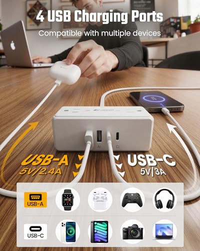 6 Ft Flat Plug Extension Cord with Multiple Outlets, SUPERDANNY Surge Protector Power Bar with 4 Outlets & 4 USB Ports (2 USB C), Small Outlet Extender for Home, Office Supplies, Dorm, Travel, White