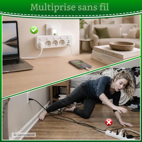 Power Strip with Individual Switch, 4 Sockets with USB and Night Light, 4 Mains Outlets + 1 Type-C + 2 USB Suitable for Home, Office, Phone, Portable