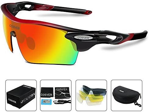COSVER Polarized Sport Sunglasses for Mens Women Cycling Running Fishing with 5 Interchangeable Lenses Glasses (Black&Red, Multicoloured)