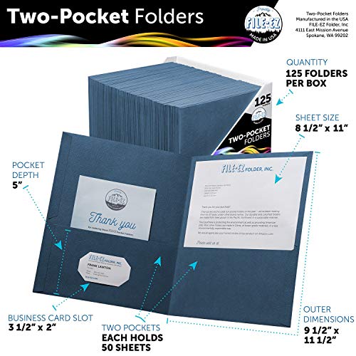 FILEEZ TwoPocket Folders, Dark Blue, 125Pack, Textured Paper, Letter