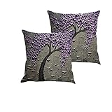 MHB Oil Painting Black Large Tree and Purple Flower Linen Decorative Pillowcase Cushion Cover 18 x18 Inch Pack of 2 (Grey)