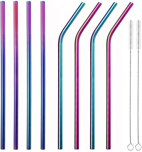 MIXIAO® Stainless Steel Straws Colorful Reusable Metal Drinking Straws 10.5 in Set of 8 with 2 Free Cleaning Brush Included, Healthy, Eco Friendly, BPA Free- for Smoothie, Milkshake, Cocktail