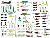 Steady Essentials Fishing Tackle Beginner Kit (183 Pcs!!) Assortment, Novice, Bass Worms, Lure Trout, Salmon, Catfish, Metal Hooks, Includes Crankbaits, Bait Jigs, Spoons, Trout Spinner, Soft Plastic