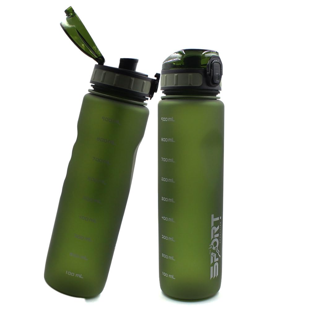 JIADEXIN Sports Bottle 1 pcs Leak Proof Drinking Water Bottle with Capacity Scale with Carrying Strap Flip-Top Gradient Frosted Water Bottle Plastic Green 1000Ml for Sports