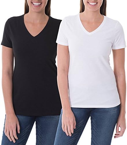 Faded Glory Women's 2-Pack Essential Short Sleeve Basic V-Neck Tee (Various Colors) (XL, Arctic White / Black Soot)