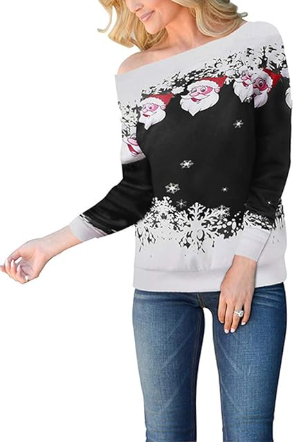 skew neck santa claus snowflake pullover christmas sweatshirt