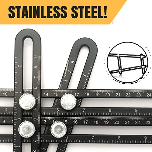 PILPOC Stainless Steel Multi Angle Measuring Ruler, Stainless Steel Black Unbreakable Thick Angle Ruler Template Tool, Laser Etched Markings, Carpenter Pencil, Cloth Case and Box