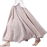 BININBOX Women's Bohemian Style Elastic Waist Band Cotton Linen Long Maxi Skirt Dress Double Layer Skirts