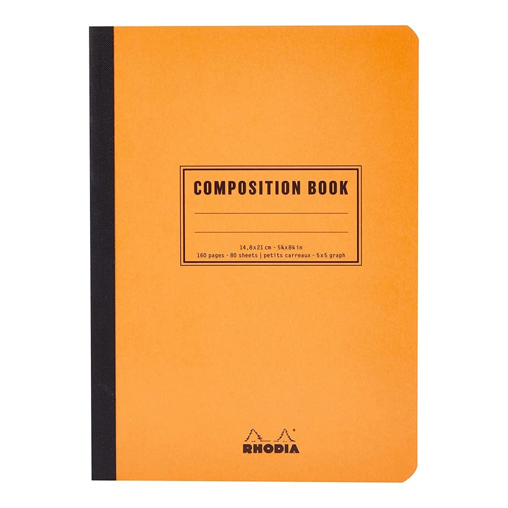 RHODIA 119208C - Flexible Notebook Cloth Back Composition Book Orange - A5 - Small Squares - 160 pages - White Clairefontaine Paper 80 g/m - Classic