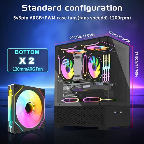 Micro ATX Case, MATX,ITX PC Case with 2 X 120mm ARGB Fan Pre-Installed, Panoramic View Tempered Glass Front & Side Panel, Black