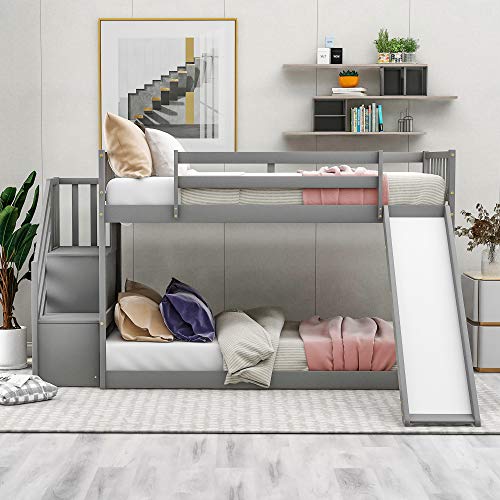 Merax Twin Over Twin Bunk Bed Wood Bunk Bed with Convertible Slide and ...