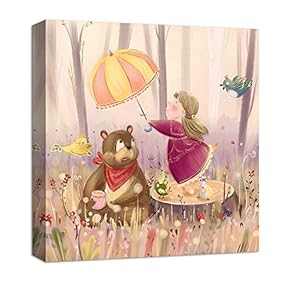 Canvas Wall Art Tiddy Bear with Girl Fairy Tale Painting Artwork for Home Decor Framed for Children - 12x12 inches