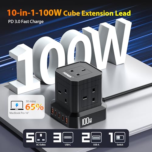 TOPREK 100W PD3.0 Fast Charge Extension Lead with Usb Slots, Simultaneous Fast-charging of 10 devices, Usb Extension Cable Multi Plug Extension Socket