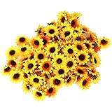 Pixnor 100x Artificial Gerbera Daisy Flowers Heads for DIY Wedding Party (Yellow Sunflower)