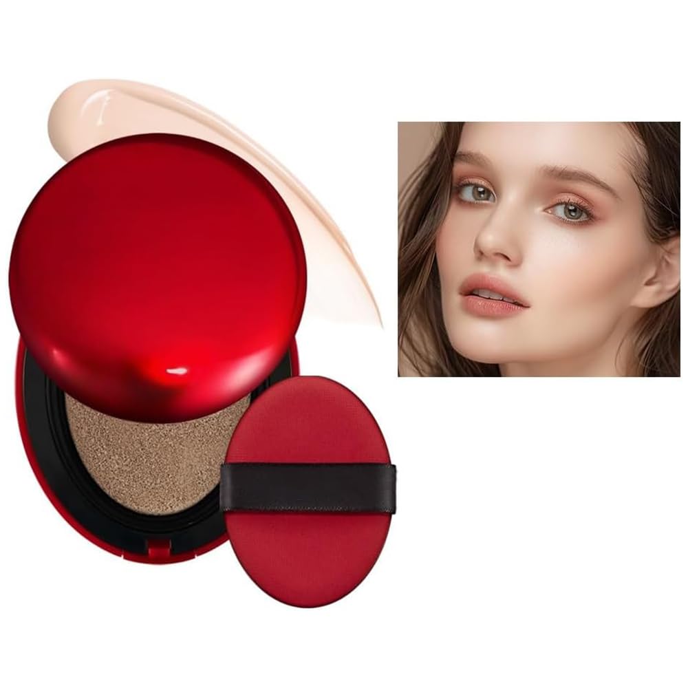 Cushion Foundation, Semi-Matte Finish 72-Hour Foundation Full Coverage Sun Protection, Waterproof, Clear Makeup Red+Shell+Air Focuses on Keeping The Coverage Great,18g