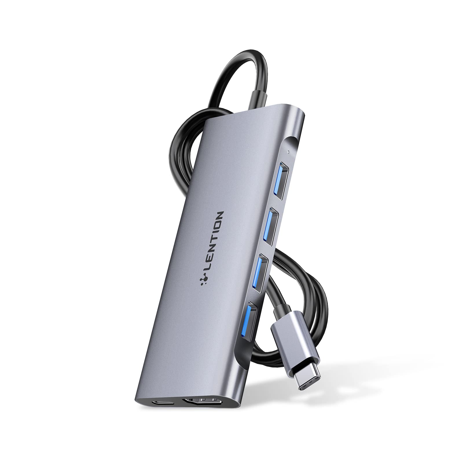 LENTION 3.3FT Long Cable USB C Multiport Hub with 4K HDMI, 4 USB 3.0, Type C Charging Compatible 2024-2016 MacBook Pro, New Mac Air/iMac/Mac Mini, More, Stable Driver Adapter (C35-1M, Space Gray)