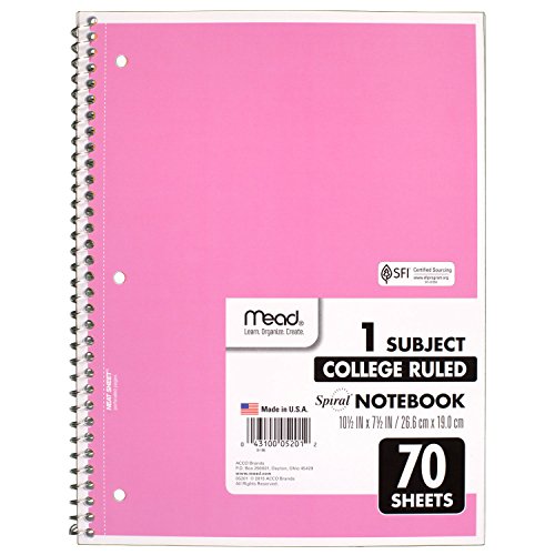 Mead Spiral Notebook, 6 Pack of 1Subject College Ruled Spiral Bound