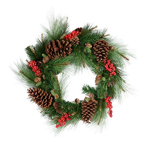 22 Inch Christmas Pine Wreath With Large Pine Cones and Clustered Red Berries