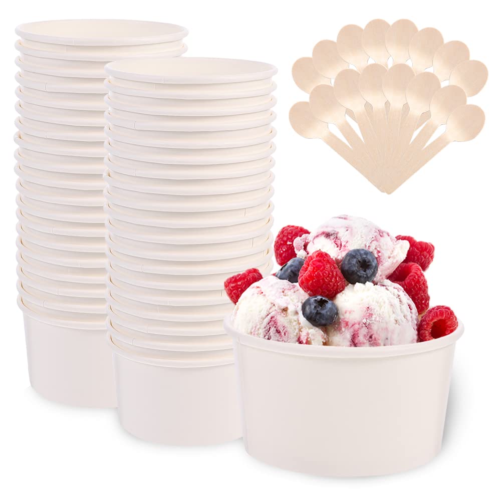 50pcs White Paper Ice Cream Cups Tubs, Biodegradable Round Paper Soup Containers with 50 Wooden Spoons, Cardboard Takeaway Paper Dessert Bowl for Ice Cream Soup Deli Frozen Yogurt Cake