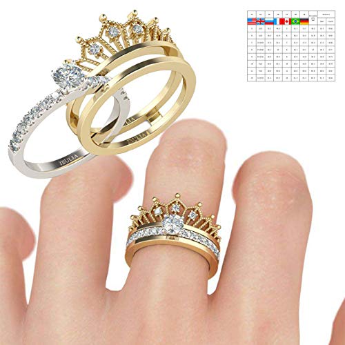 WYILIY Ring Round Diamond Wedding Band Accessory Rings Intertwined Crossover Statement Ring Fashion Gold Silver Plated Finger Rings Costume Size 5-11 (Size 5, Crown)