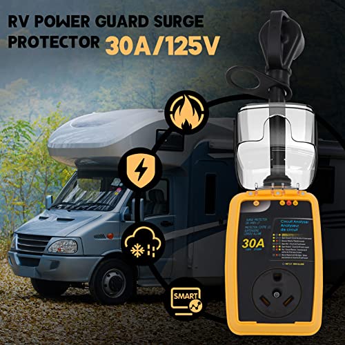 Hotrose RV Surge Protector 30 Amp With High/Low Voltage Protection, 10000 Joules 30 Amp RV Surge Protector Waterproof, Smart RV Circuit Analyzer W/LED Display, RV Adapter Plug For RV Camper At
