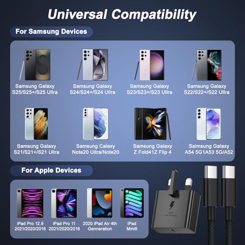 45W Super Fast USB C Charger for Galaxy S26 Ultra/S26+/S26/S25/S25+/S25 Ultra/S24/S24 Ultra/S23/S22/A55/A54/A15/A14, USB C Super Fast Charger with 3M USB Type C Charging Cable and Plug Charge