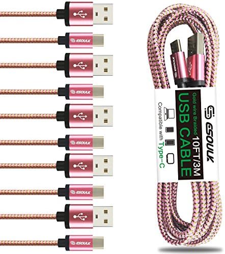 USB 2.0 Type C Cable [10ft 5-Pack] USB C to USB Hi-speed Nylon Braided Cord for Samsung Galaxy S8 Fast charger Hi-speed Pixel XL Nexus 5X 6P LG G5 G6 V20 Nintendo Switch and More (Pink-Gold 5-Pack)