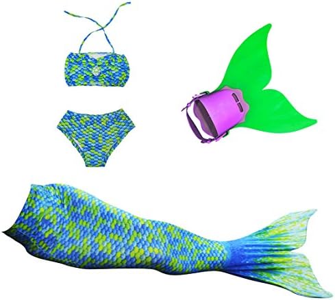 Mayskey Girls Sparkle Mermaid Tail with Monofin Swimmable Tail Swimsuit 4PCS Sets (120 (6-8Years), Water Green with Monofin)