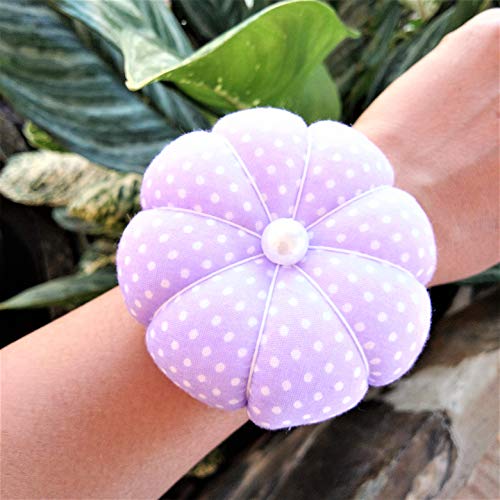 CUSHYSTORE 2X Purple and Pink Polka Dot Wrist Pin Needle Cushion Pincushion Wearable Cute Small Size Pumpkin Pins Needles Pincushions Holder Safety with Elastic Band