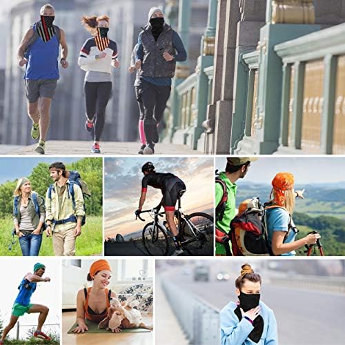 Person wearing a bandana-style face covering with a sun design, priced at $9.99.