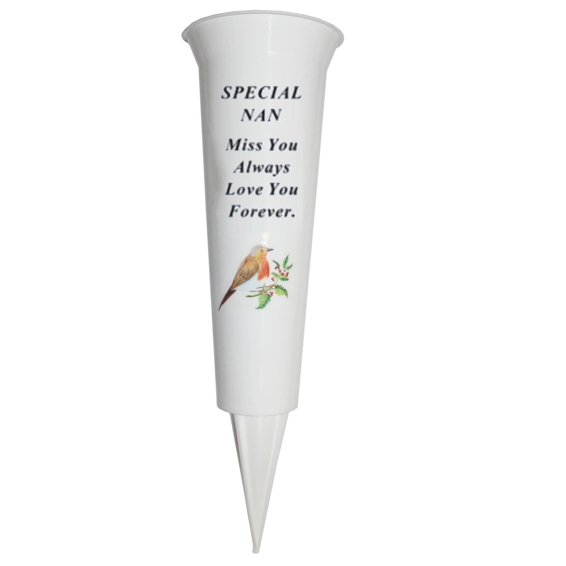 Memorial Grave Flower Pot - 33cm tall Sturdy White Memorial Graveside Flower Vase with Spike and Robin Image (Nan 8699)