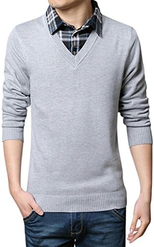 Pishon Men's V Neck Sweaters Fake Collar Sweater Casual Pullover Mens Knitwear