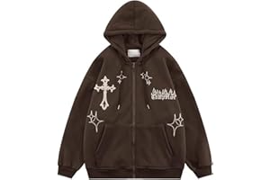 JMKEY Women Men Hoodie Zip Up Youth Goth Cross Graphic Embroidery Retro Fleece Sweatshirt 90s Punk Streetwear