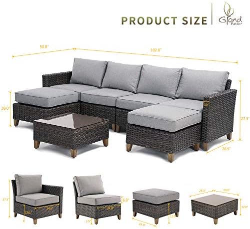 Amazon Com Grand Patio Outdoor Patio Conversation Set 7 Pcs Outdoor Furniture Set Sectional Sofa All Weather Rattan Brown Backyard Garden Washable Light Gray Outdoor Cushions Glass Rattan Patio Coffee Table