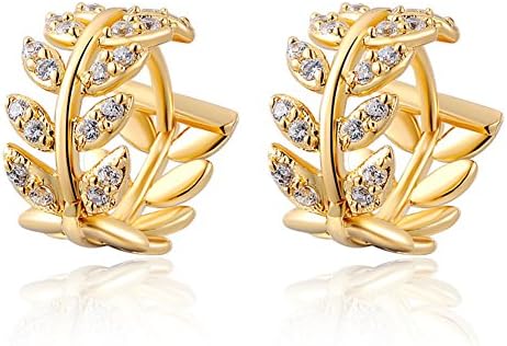 Women's 14ct Gold Plated Leaf Shape Hoop Earrings with Sparkly Crystal