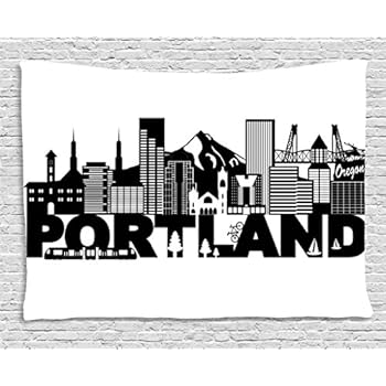 Lunarable Portland Tapestry, Famous Landmarks in Oregon State Buildings Mount Hood and Hawthorne Bridge, Wide Wall Hanging for Bedroom Living Room Dorm, 60