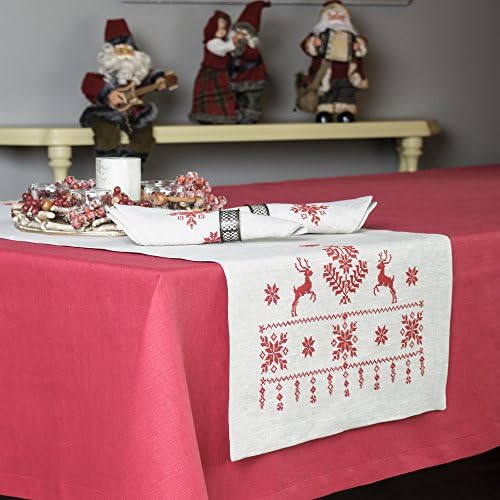 Linen Christmas and New Year Table Runner — Soft and Durable Cloth — Embroidered Table Cover— Premium Quality — Eco-Friendly 100% Pure European Linen Fabric — 57"x18" (140x45 cm) (Deers)