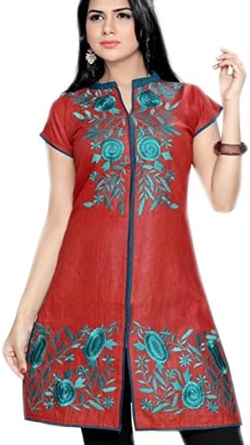 Jayayamala Women Maroon cotton Tunic with embroidery work/Short Sleeve Tunic
