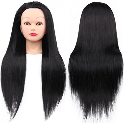 UQINZ Mannequin Head Hairdresser Training Head Synthetic Fiber Manikin Cosmetology Doll Head with Table Clamp Stand (#1B/Black)