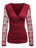 ThinIce Womens Long Sleeve Wrap Top Deep V Neck Drape Tshirt with Side Shirring