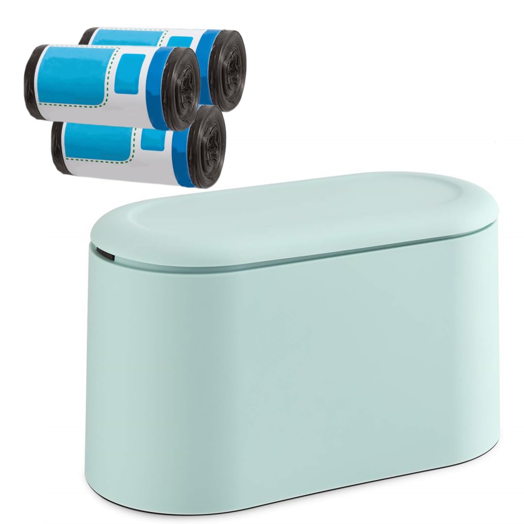 MEETOZ Mini Trash Can with Lid, Small Trash Can, Desk Trash can, Countertop Mini Garbage Cans, Tiny Waste Basket, Free 3 Rolls of Trash Bags (Light Green With Lid)