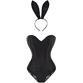 Womens Corset Bodysuit Lingerie Set with Bunny Ears Hair Band Exotic Bustiers Strapless Overbust Shapewear