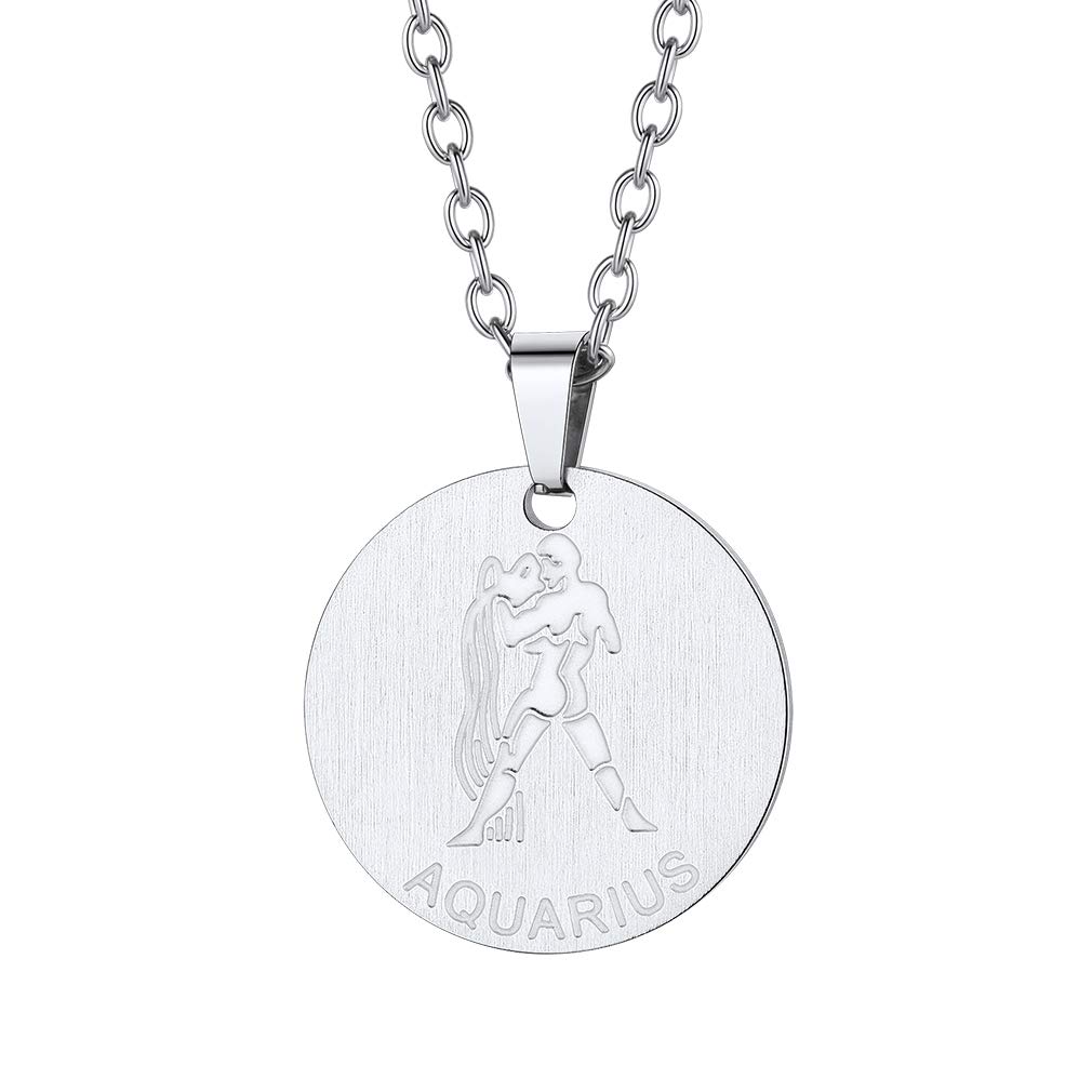 Custom4U Aquarius Constellation Necklace for Men Boy-Stainless Steel Round Zodiac Sign Astrological Charm Necklaces Silver