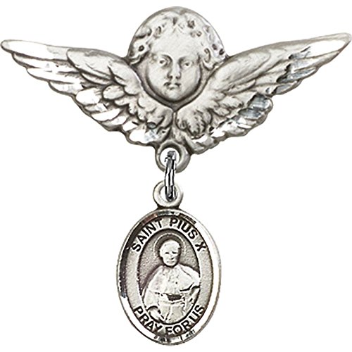 Sterling Silver Baby Badge with St. Pius X Charm and Angel w/Wings Badge Pin 1 1/8 X 1 1/8 inches